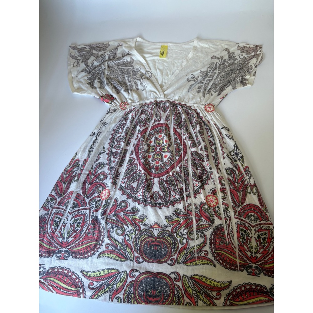 Press Apparel Vintage Y2K Paisley Empire Waist Tunic Mini Dress White Red Boho